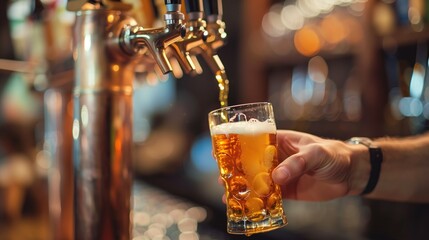 Sticker - Close-up view of a bartender pouring beer into a glass from a tap in a pub.