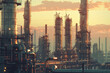  An industrial complex at sunrise, with smokestacks emitting white smoke against a sky painted in shades of light yellow
