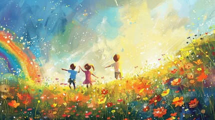 Whimsical illustration of children chasing the end of a rainbow in a flowerfilled meadow evoking a sense of adventure and playful exploration