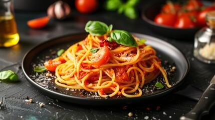 Poster - Delicious spaghetti with tomato sauce, basil, and grated cheese on a black plate, garnished with fresh herbs.