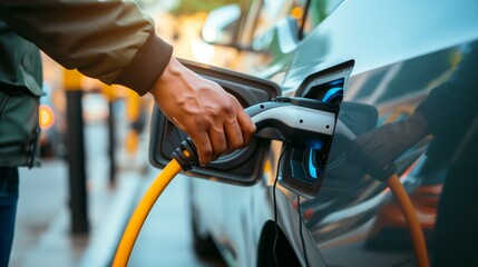 Poster - A person is plugging a charging cable into an electric vehicle at a charging station.