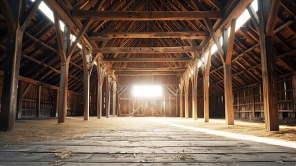 Sticker - Sunlight shining through a large wooden barn, illuminating the floor and pillars.