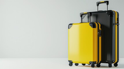 Sticker - Two modern suitcases, one yellow and one black, upright on wheels against a neutral background.