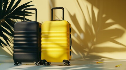 Poster - Two modern suitcases, yellow and black, against a backdrop with palm shadows enhancing a tropical vibe.