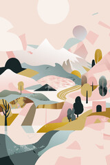 Wall Mural - Abstract Pastel Landscape with Mountains and Lake Illustration