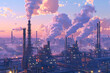  An industrial complex at sunrise, with silhouetted structures against a sky filled with dramatic clouds in shades of light pink