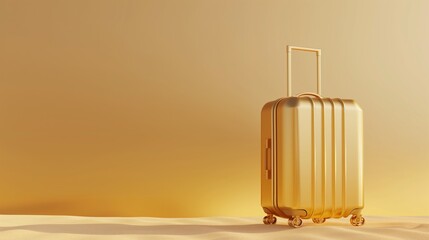 Poster - Golden suitcase standing on sandy surface against a warm golden background.