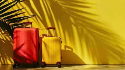 Wall Mural - Two vibrant-colored suitcases, a red and a yellow, under tropical palm shadow on a bright yellow wall.