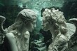 Enigmatic underwater angel statues facing each other