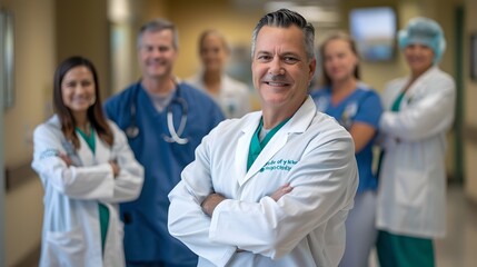 Confident Medical Professional Smiling with Team in Hospital Corridor. Healthcare Workers in Uniform. Medical Team Portrait. Modern Healthcare. AI