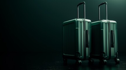 Wall Mural - Two green metallic suitcases on wheels standing side by side on a dark background.