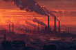  An industrial complex at sunrise, with towering smokestacks casting long shadows on the ground below, under a sky tinged with purple and pink. 