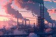  An industrial complex at sunrise, with silhouetted structures against a sky filled with dramatic clouds in shades of orange and yellow. 