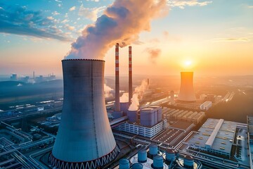 Industrial landscape at sunset with traditional power plant emitting steam and smog. Concept Industrial Landscape, Sunset Photography, Power Plant Smoke, Environmental Impact, Urban Decay