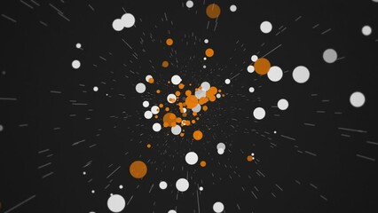 Wall Mural - particle background with orange and white sphere particles and stars flowing towards the camera. ful