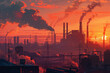  An industrial complex at sunrise, with silhouetted structures against a sky filled with dramatic clouds in shades of orange and yellow. 