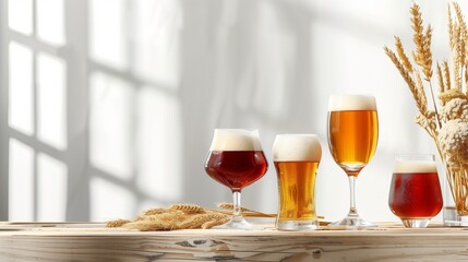 Sticker - Assorted glasses of beer displayed on a wooden table with wheat and barley stalks alongside, in a brightly lit setting.