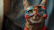 Close-up of a brown tabby cat wearing a colorful superhero mask with a determined gaze.