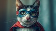 Close-up portrait of a whimsical cat dressed as a superhero with cape and mask.