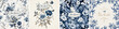 Floral print. Vector vintage illustration of blue color flowers, leaves, frame, pattern for background, invitation or background