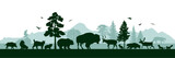 Fototapeta Konie - North Amarican panorama with silhouettes of wild animals. Vector illustration.