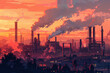 An industrial complex at sunrise, with silhouetted pipes and structures set against a sky ablaze with red and orange hues. 
