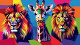 Fototapeta Dziecięca - Safari park wildlife WPAP illustration design with lion and giraffe, colorful mosaic design.