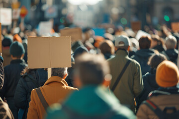 A vibrant image capturing a crowd of people marching in a climate protest, holding signs advocating for action against global warming and carbon dioxide emissions