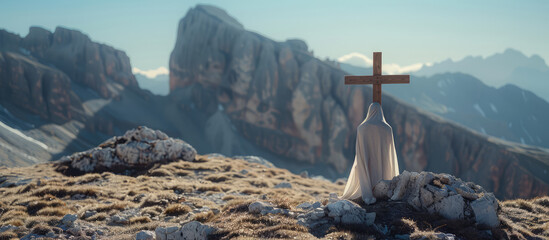 Wall Mural - Picturesque landscape of an old wooden cross with a scarf of white fabric against a backdrop of mountains and sky. Faith, Orthodoxy, symbol of hope.