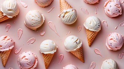 Wall Mural - Flat lay composition of multiple ice cream cones with melty drops on pink