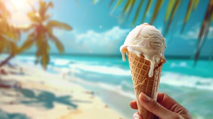 Poster - Hand holding a melting ice cream cone on a sunny beach with palm trees