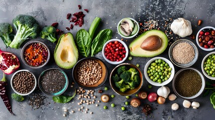 Wall Mural - Assortment of Fresh Superfoods for Healthy Diet. Variety of Organic Vegetables, Grains, and Fruits. Nutrition and Wellness. Top View. AI