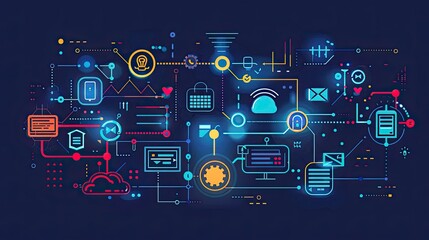 A colorful image of a computer network with many different icons and buttons