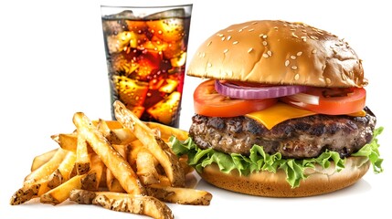 Delicious fast food meal with a juicy burger, crispy fries, and a cold soda. Perfect for restaurant promotions and food blogs. AI