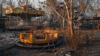 Sticker - An abandoned amusement park in 'Shadowdance Chronicles', capturing the interplay of light and shadow in a narrative form, in rust orange and shadow grey