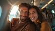 © Mechastock - Happy couple of tourists traveling together on an airplane next to a window seat