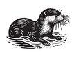 Otter.  Old vintage engraving illustration. Hand drawn outline graphic. Logo, emblem, icon. Isolated object, cut out. black and white	