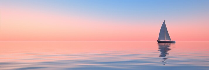 Wall Mural - Sailboat Silhouette On Calm Water At Sunset. Lone Yacht Sailing In Tranquil Ocean Under Pastel Sky. Generative AI