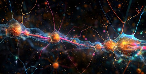 Wall Mural - A digital microscope image reveals the entirety of human neurons against a black background, with a black-and-white color scheme punctuated by bright highlights.