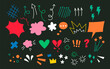 Doodle anime icons in bright colors. Hand drawn effect set. Collection of arrows and speech bubbles. Vector illustration. Black background