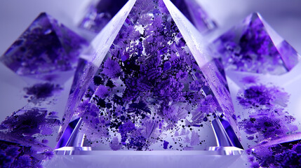 Wall Mural - Prism adorned with intricate purple paint splatters, resembling frozen abstract art against triangular canvas.