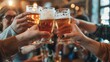 © Natalia - Group of friends toasting beers in a cozy bar, celebrating together with visible joy.