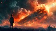 A young child stands in awe as a gigantic spacecraft crashes into Earth, engulfing the sky in flames and debris, Digital art style, illustration painting.