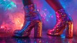 A retroinspired disco queen adorned in glittering sequins and platform heels