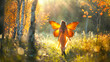 A joyful girl with big bright orange wings walks 