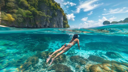 Wall Mural - A woman snorkels in clear tropical waters near a towering, lush cliffside under a bright blue sky.