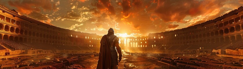 Silhouette of a Roman Warrior in Fiery Colosseum - A foreboding silhouette of a Roman warrior against a fiery sunset in the Colosseum