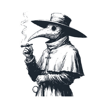 Smoking plague doctor. Black white vector illustration.
