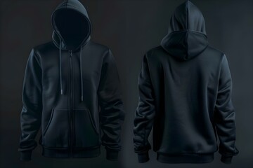 Stylish black hoodie mockup with zipper design on front and back views. Concept Hoodie Mockup, Front View, Back View, Zipper Design, Stylish Black