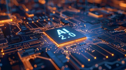 Wall Mural - AI 2.0 chip on a glowing blue circuit board symbolizing next-generation technology.